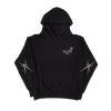Black hoodie with spider designs on sleeves and logo on chest against a white background