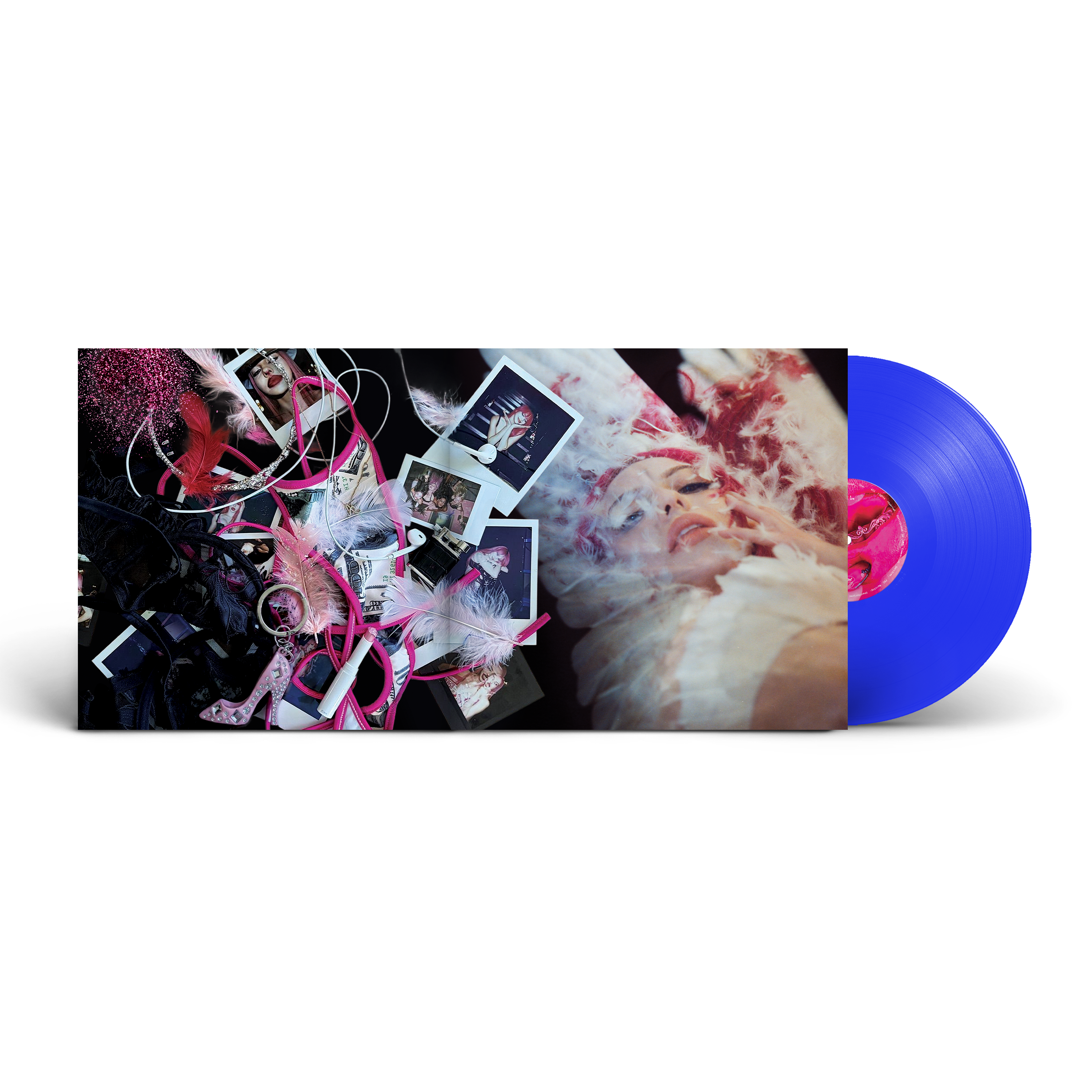 A vinyl record partially pulled from its sleeve, showing a vivid blue translucent record and a sleeve cover with a collage of fashion and fashion-editorial imagery in pink, white, black, and red tones.