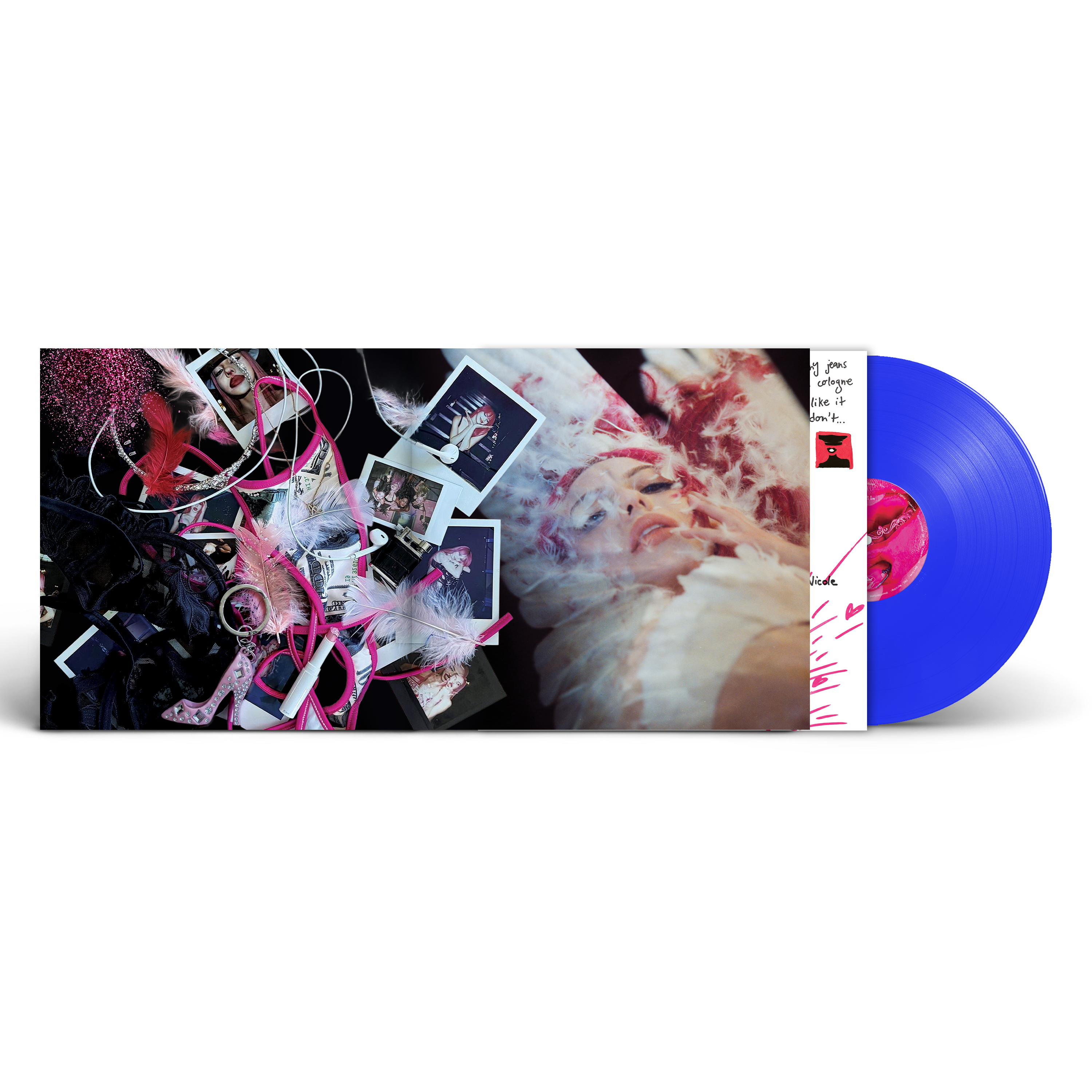 A vinyl record partially pulled from its sleeve, shown on a light gray background. The sleeve features a dark collage with pink feathers, instant photos, and a woman's face with blood-like details.