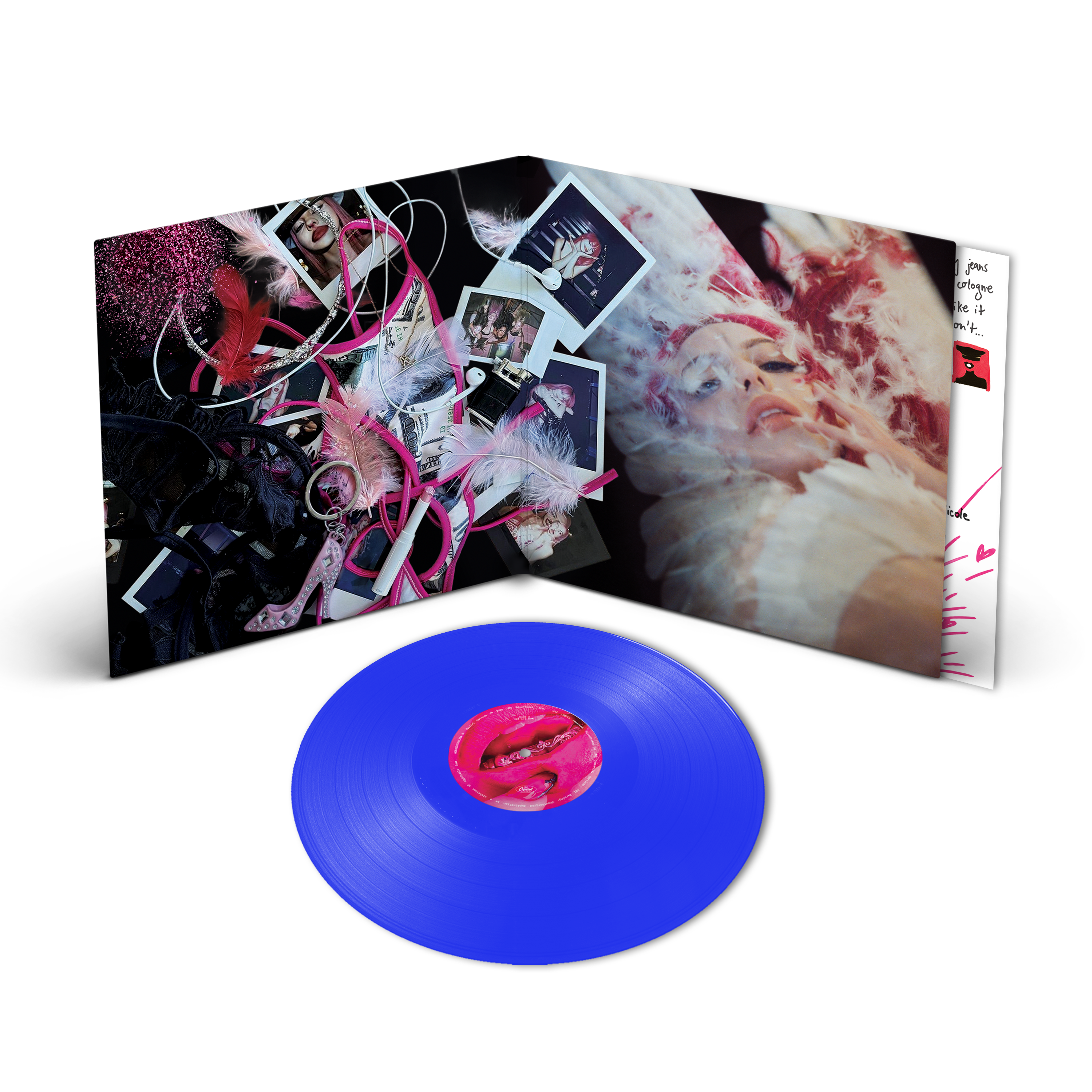 A vinyl record set shown on a white background, featuring a bright blue record in front of an open illustrated sleeve with abstract artwork and Polaroid-style photos.