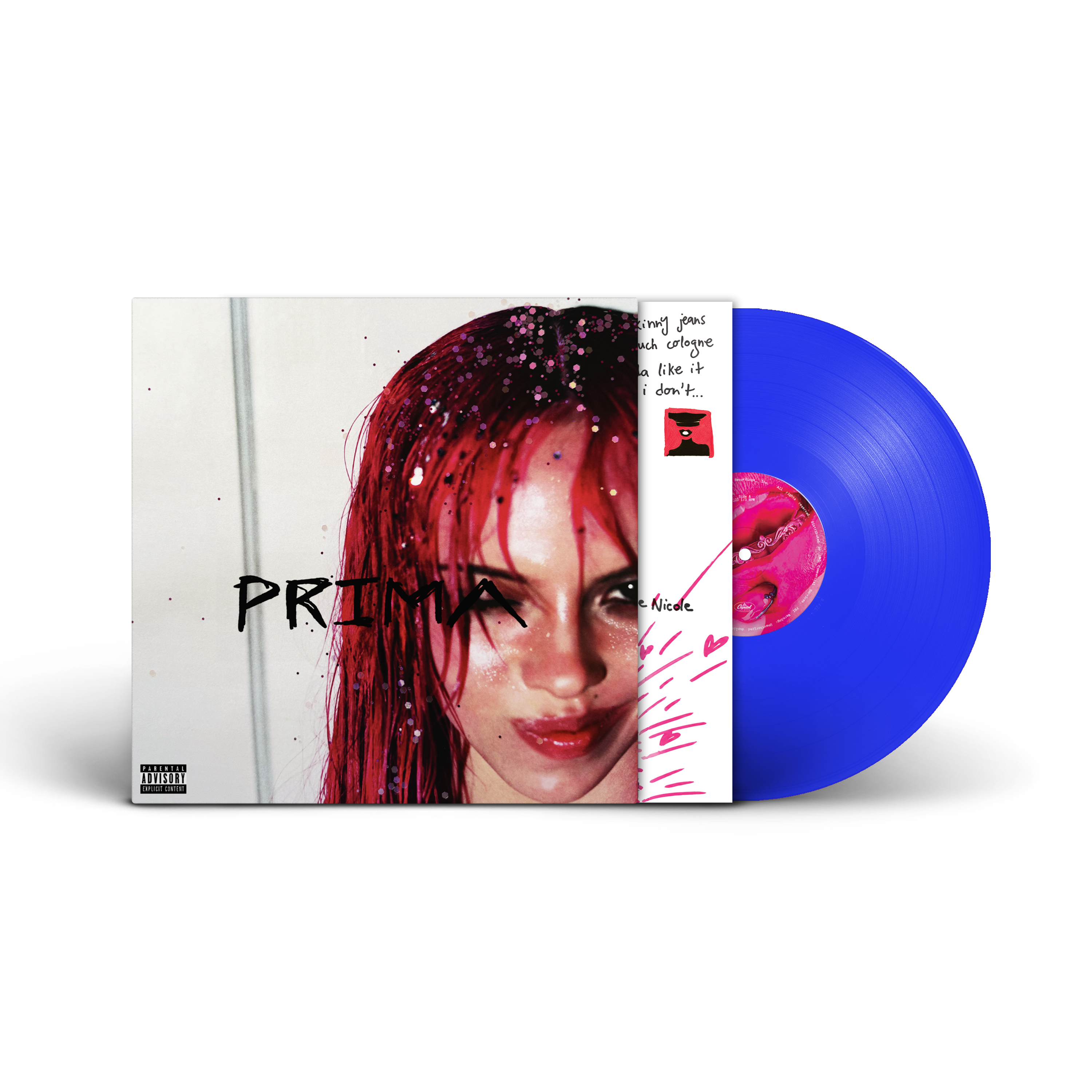 Adéla 'Prima' vinyl record album with a bright blue translucent record partially pulled from a white sleeve featuring a close-up portrait and pink paint splatter details.