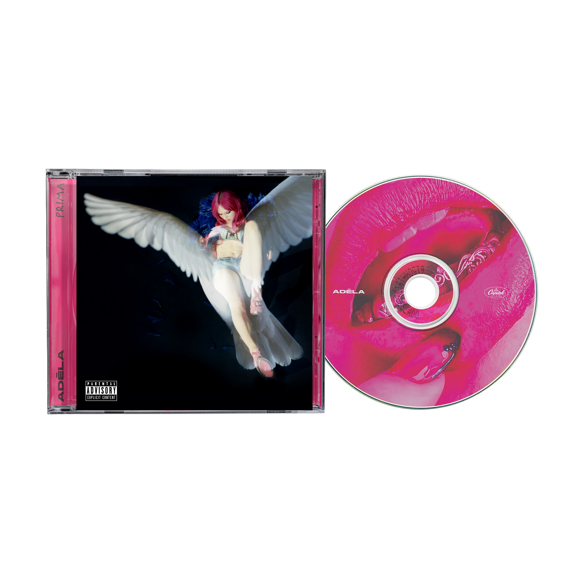 A CD album with its jewel case open beside the disc. The cover art shows a winged figure against a dark background, and the CD itself has a bright pink abstract design.