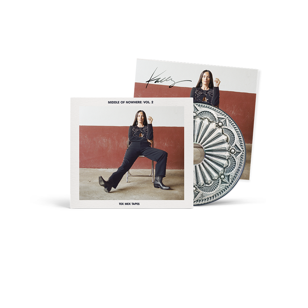 Kacey Musgraves 'Middle of Nowhere Vol. 3' 100% tape album package, featuring a square album cover with a printed photo of the artist, a matching vinyl record with a detailed silver and black pattern, and a white slipcase with a printed photo and signature.