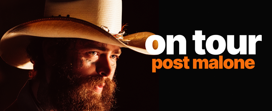 Post Malone wearing a cowboy hat and starring in the distance. Text says 'on tour - Post Malone'