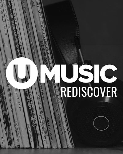 Rediscover Umusic logo over a black and white image of a stack of vinyls that are slanted vertically with headphones as a book end for the row of vinyls.