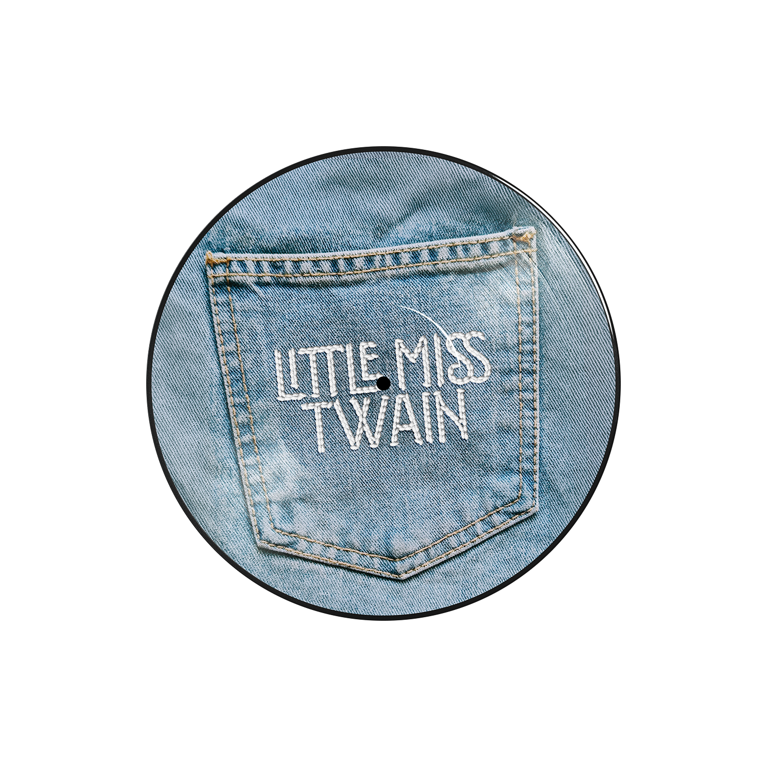 Denim-style pocket with 'LITTLE MISS TWAIN' text on a circular background