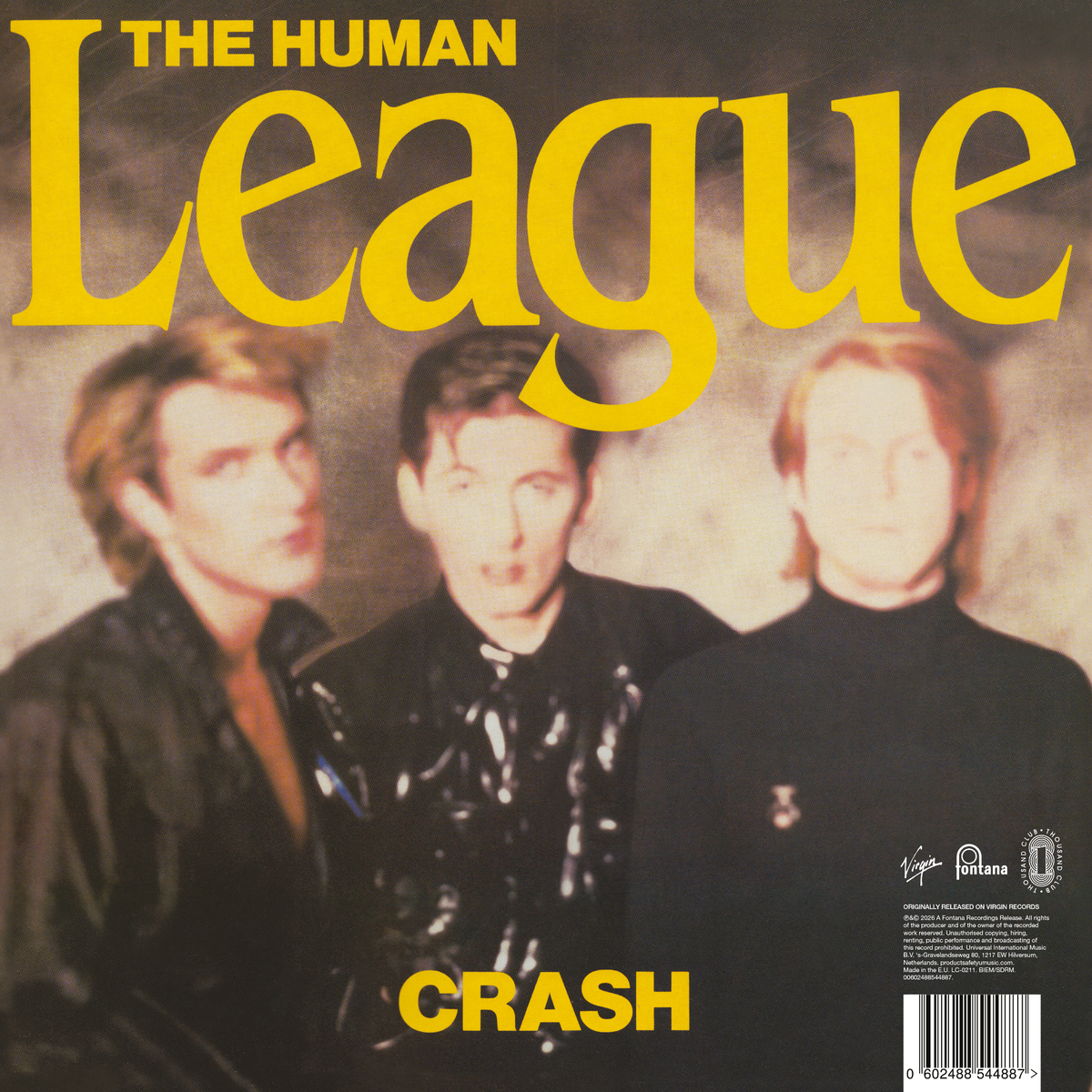 The Human League 'Crash' album cover, featuring the band members in front of a textured beige background with bold yellow text.