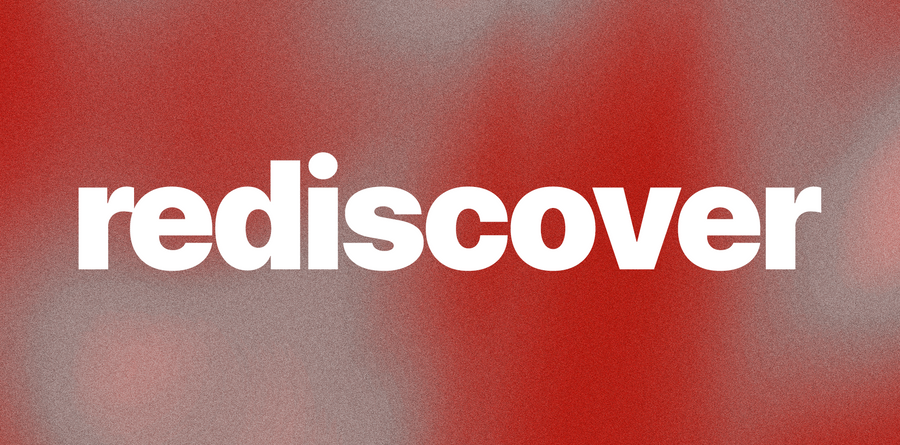 White 'rediscover' text on a red and gray gradient background