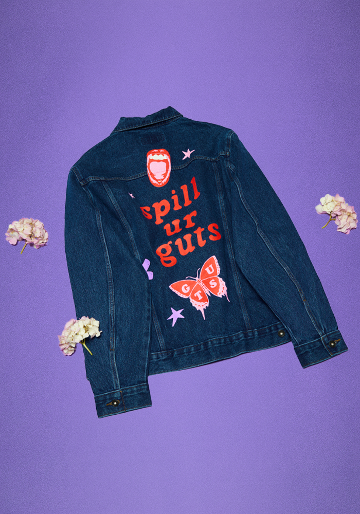 spill ur GUTS blue denim jacket